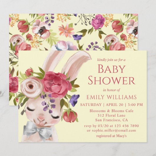 Baby shower Floral Bunny Rabbit Cute Modern Kaart (Voorkant / Achterkant)