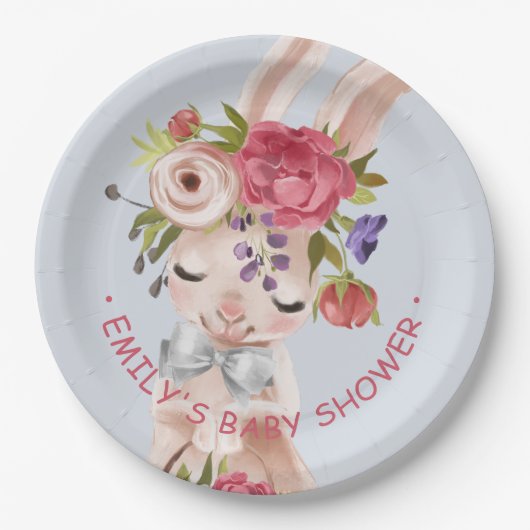 Baby shower Floral Bunny Rabbit Cute Modern Papieren Bordje (Voorkant)