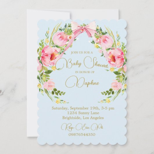 Baby shower Floral Crest Regency Bow Pink Blue Kaart (Voorkant)