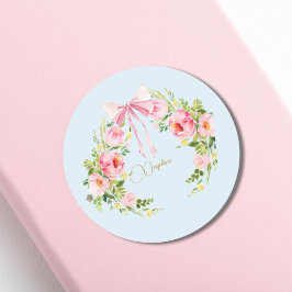 Baby shower Floral Crest Regency Bow Pink Blue Ronde Sticker