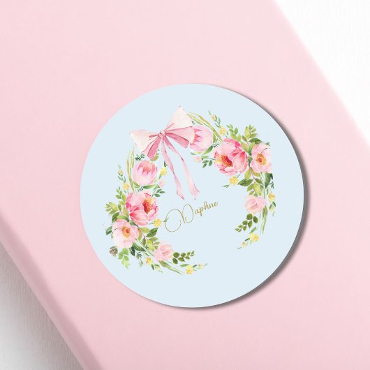 Baby shower Floral Crest Regency Bow Pink Blue Ronde Sticker