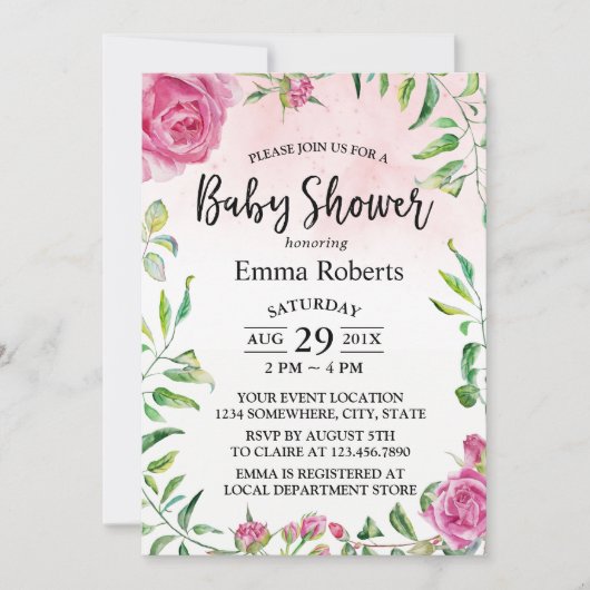 Baby shower  Floral Elegant Waterverf Kaart (Voorkant)
