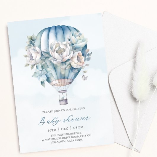 Baby shower Floral Hot Air Ballon Blue Boy Kaart