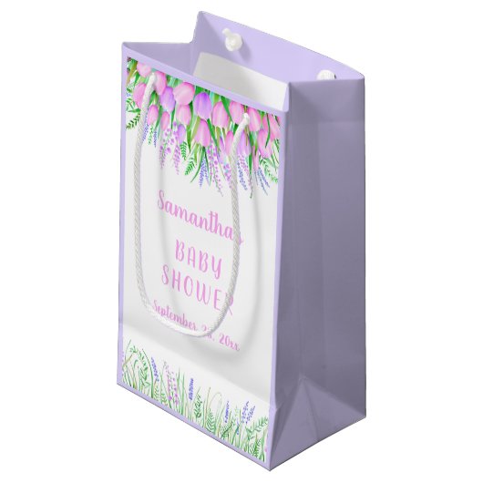 Baby shower Floral Lavender Pink Tulips Klein Cadeauzakje (Voorkant Gekanteld)