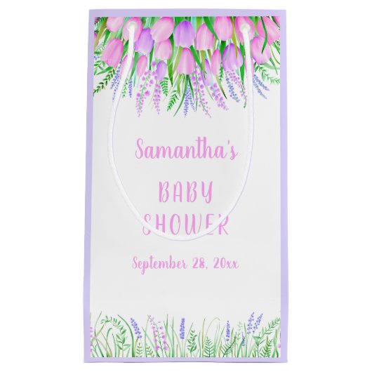 Baby shower Floral Lavender Pink Tulips Klein Cadeauzakje (Voorkant)