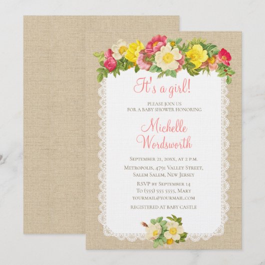 Baby shower Floral Linen Rustic Uitnodiging (Voorkant / Achterkant)
