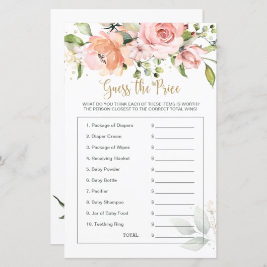 Baby shower Floral raadt het prijsspel (Voorkant / Achterkant)