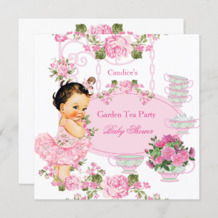 Baby shower Floral Roos Tea Party Pink Brunette Kaart