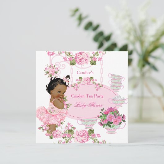 Baby shower Floral Roos Tea Party Pink Ethnic Kaart (Staand voorkant)