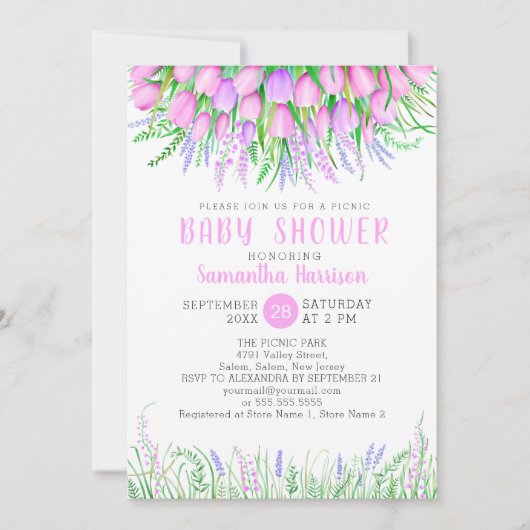 Baby shower Floral Spring Lavender Tulips Picnic Kaart (Voorkant)