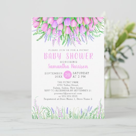 Baby shower Floral Spring Lavender Tulips Picnic Kaart (Staand voorkant)