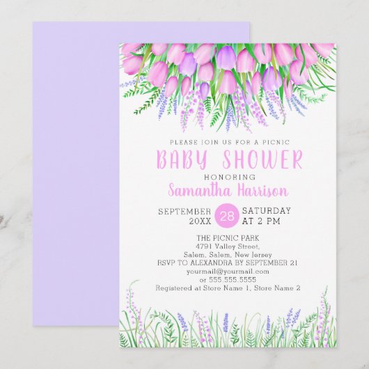 Baby shower Floral Spring Lavender Tulips Picnic Kaart (Voorkant / Achterkant)