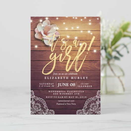 Baby shower Floral String Lights Rustic Wood Lace Kaart (Staand voorkant)