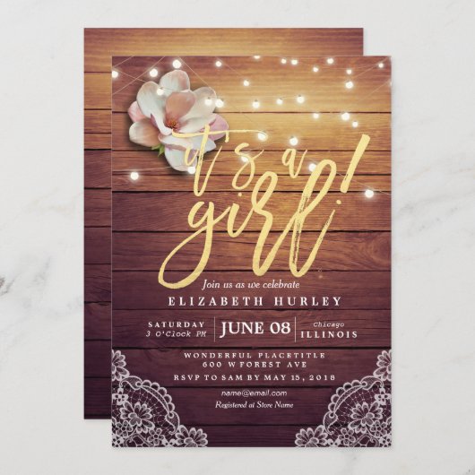 Baby shower Floral String Lights Rustic Wood Lace Kaart (Voorkant / Achterkant)