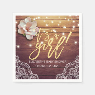 Baby shower Floral String Lights Rustic Wood Lace Servetten