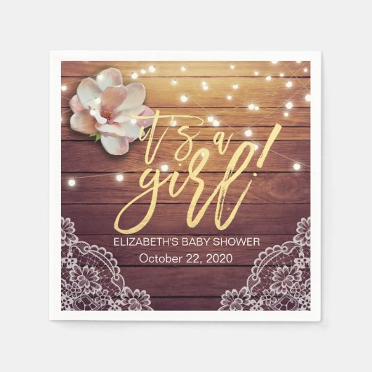 Baby shower Floral String Lights Rustic Wood Lace Servetten (Voorkant)