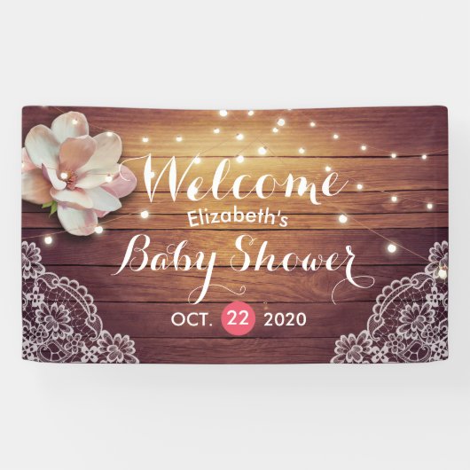 Baby shower Floral String Lights Rustic Wood Lace Spandoek (Horizontaal)