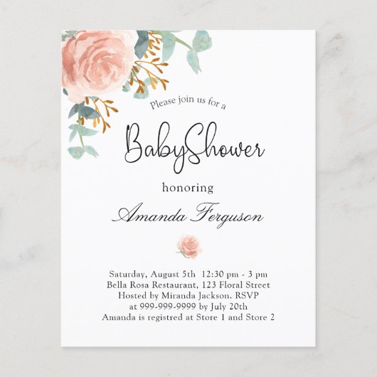 Baby shower florale eucalyptus budget uitnodiging (Voorkant)