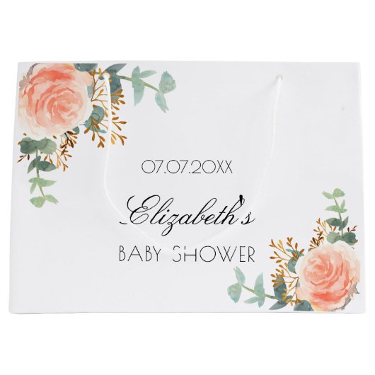 Baby shower florale roos goudblozen eucalyptus groot cadeauzakje (Voorkant)