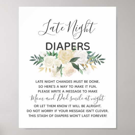 Baby shower Flowers Late Night Diapers Sign Poster (Voorkant)