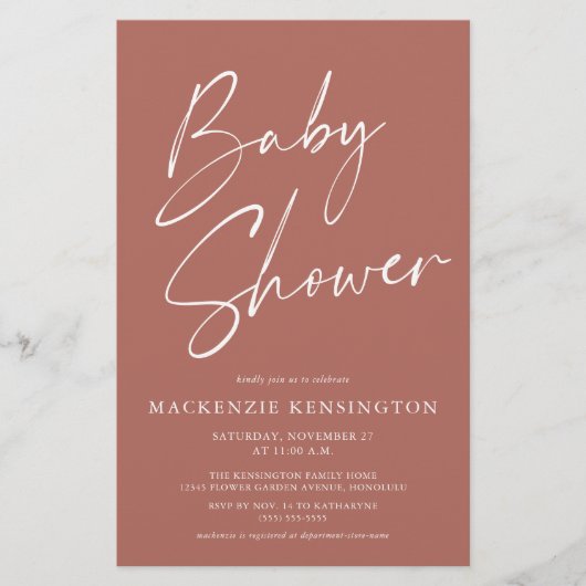 Baby shower FLYER VOOR budgetterracotta Script (Voorkant)