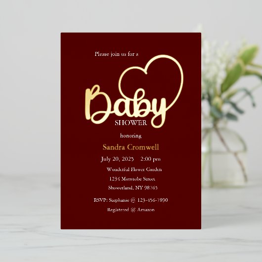 Baby shower Folie Uitnodiging, Script, Hart Folie Uitnodiging (Staand Voorkant)
