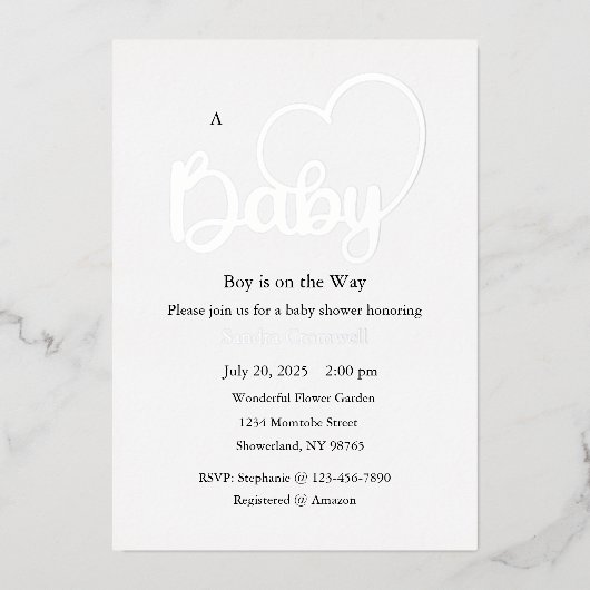 Baby shower Folie Uitnodiging, Script, Hart, Jonge Uitnodiging (Voorkant)