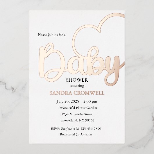 Baby shower Folie Uitnodiging, Script, Hart Uitnodiging (Voorkant)