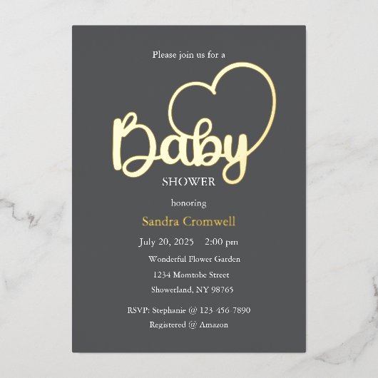 Baby shower Folie Uitnodiging, Script, Hart Uitnodiging (Voorkant)