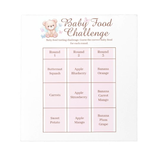Baby shower Food Challenge Game Activiteit Notitie Notitieblok (Voorkant)