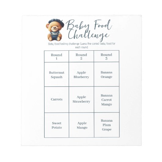 Baby shower Food Challenge Game Activiteit Notitie Notitieblok (Voorkant)