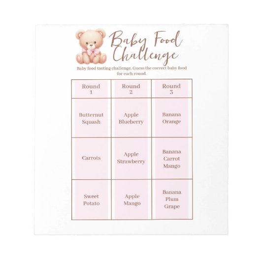Baby shower Food Challenge Game Activiteit Notitie Notitieblok (Voorkant)