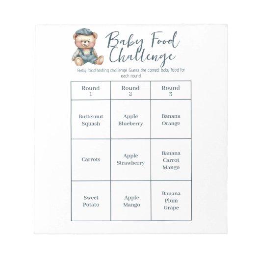 Baby shower Food Challenge Game Activiteit Notitie Notitieblok (Voorkant)