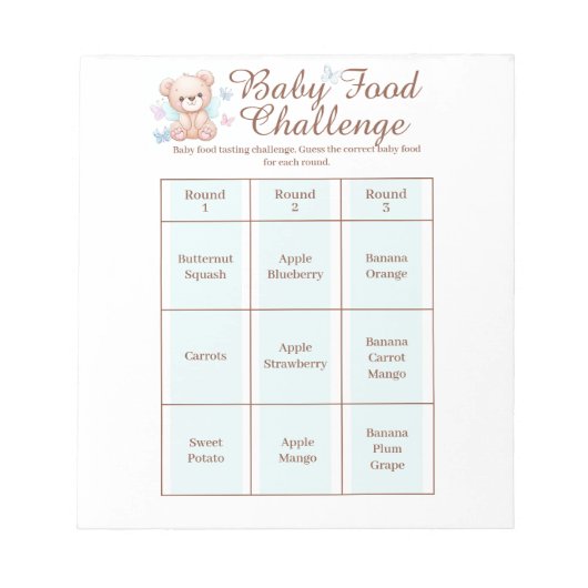 Baby shower Food Challenge Game Activiteit Notitie Notitieblok (Voorkant)