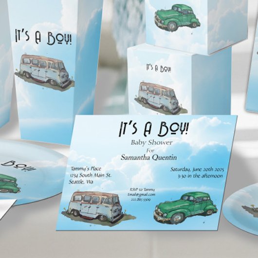 Baby shower for a boy, van and sedan kaart