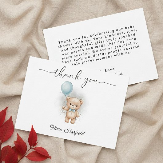 Baby Shower for Boy Blue Balloon Teddy Bear   Bedankkaart