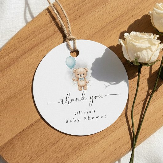 Baby Shower for Boy Blue Balloon, Teddy Bear & Bow Bedankjes Labels