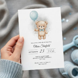 Baby Shower for Boy Blue Balloon, Teddy Bear & Bow Kaart