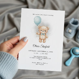 Baby Shower for Boy Blue Balloon, Teddy Bear & Bow Kaart