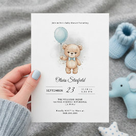 Baby Shower for Boy Blue Balloon, Teddy Bear & Bow Kaart