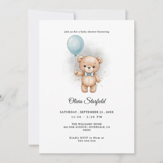 Baby Shower for Boy Blue Balloon, Teddy Bear & Bow Kaart (Voorkant)