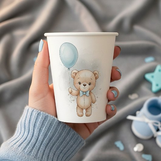 Baby Shower for Boy Blue Balloon, Teddy Bear & Bow Papieren Bekers