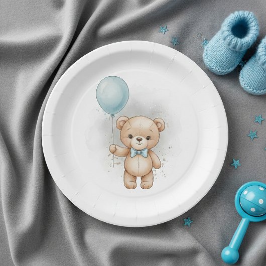 Baby Shower for Boy Blue Balloon , Teddy Bear Bow Papieren Bordje