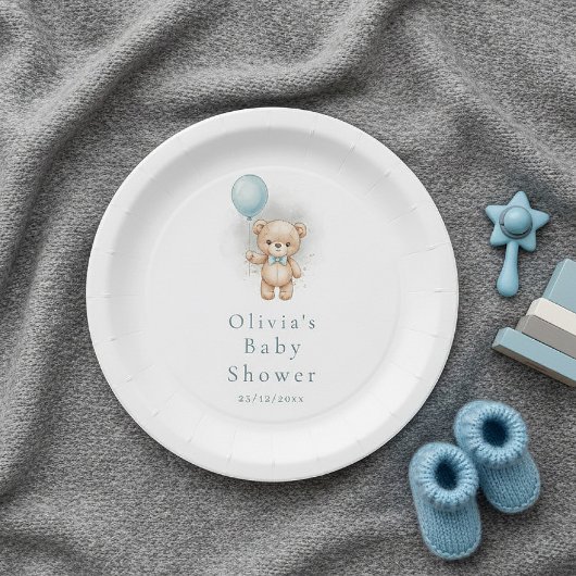 Baby Shower for Boy Blue Balloon , Teddy Bear Bow Papieren Bordje