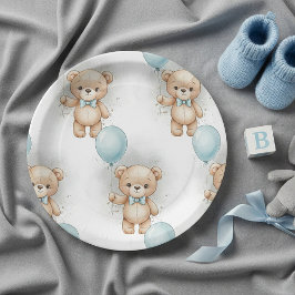 Baby Shower for Boy Blue Balloon , Teddy Bear Bow Papieren Bordje