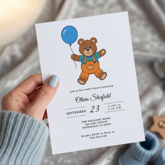 Baby Shower for Boy Blue Balloon, Teddy Bear   Kaart