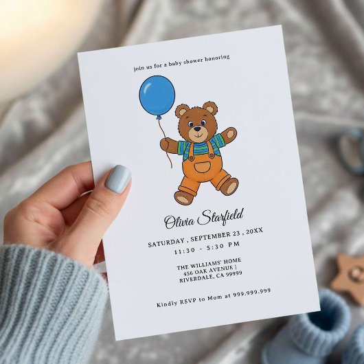 Baby Shower for Boy Blue Balloon, Teddy Bear  Kaart