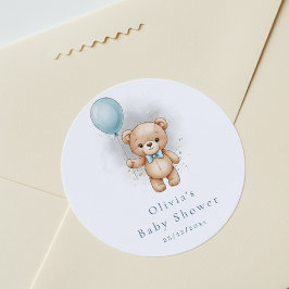 Baby Shower for Boy Blue Balloon Teddy Bear Ronde Sticker