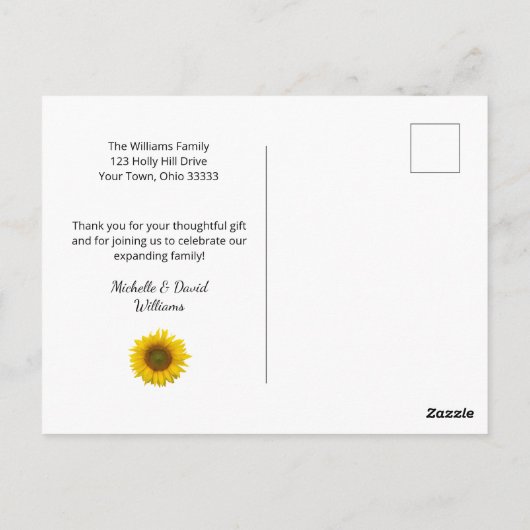 Baby shower foto eenvoudige zonnebloem dank u briefkaart (Achterkant)