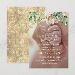 Baby shower Foto Flowers Brunch Spark Gold Kaart